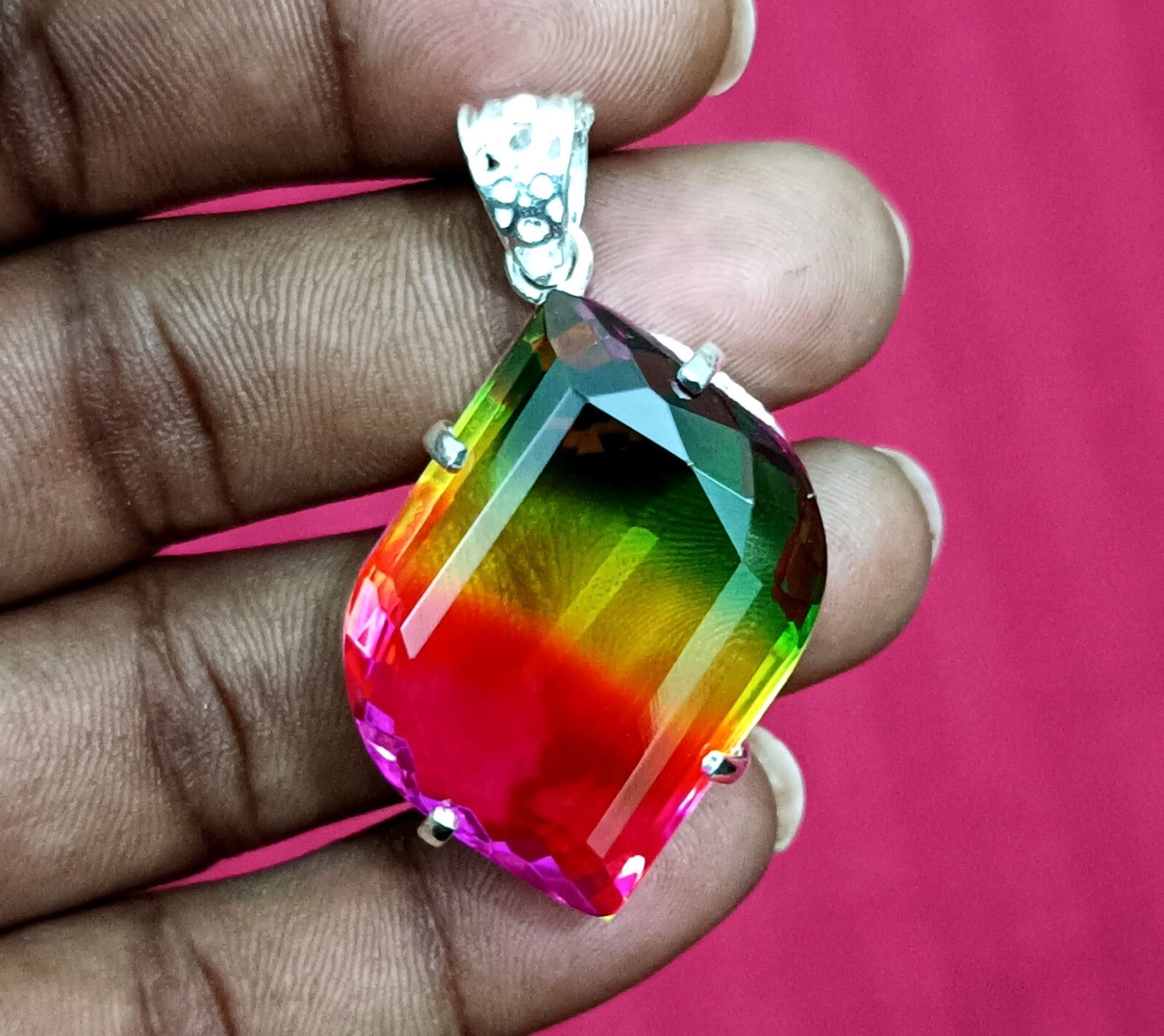 Bi-color Fancy Cut Certified Tourmaline 85 Ct+ Silver Pendant Gemstone