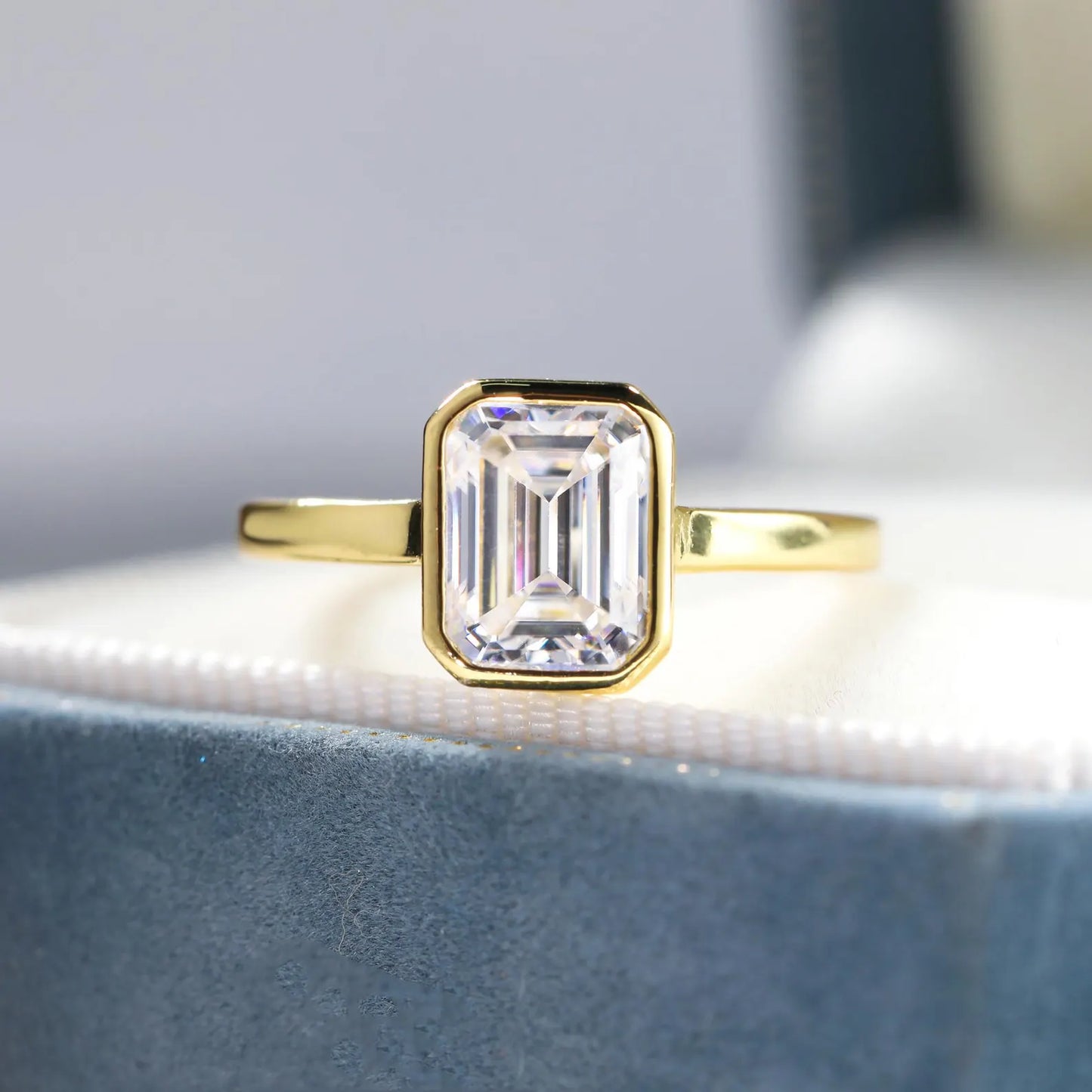 Emerald Cut Simulated Diamond Ring: 14k Gold Plated Sterling Silver Bezel Setting