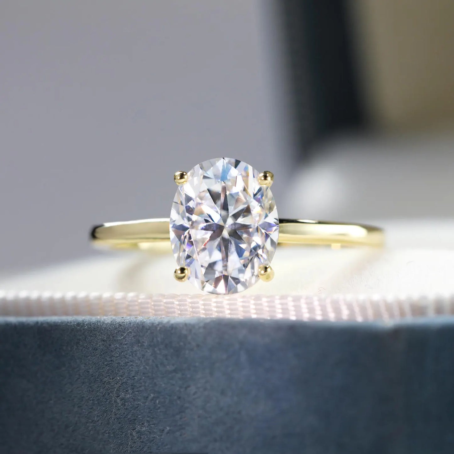 Gold Plated Sterling Silver Engagement Ring: Simulated Diamond Moissanite Oval Ring